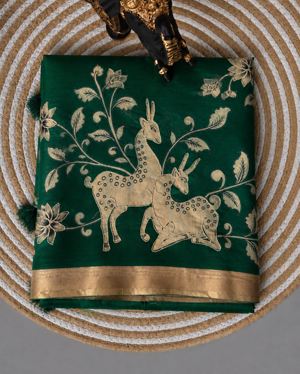 Kora Tusser kalmkari Sarree  With  Dori work and  Golden Border-  Bottle Green