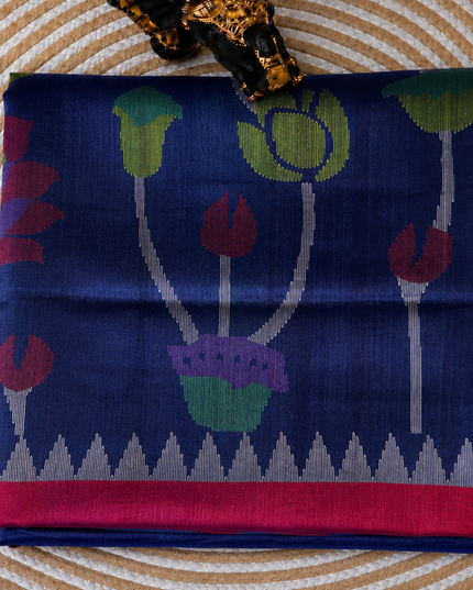 Tusser Jamdani Saree With  Contrast Border-  Blue