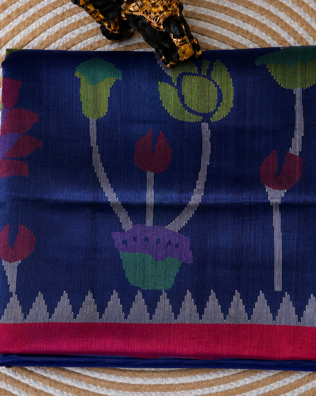 Tusser Jamdani Saree With  Contrast Border-  Blue