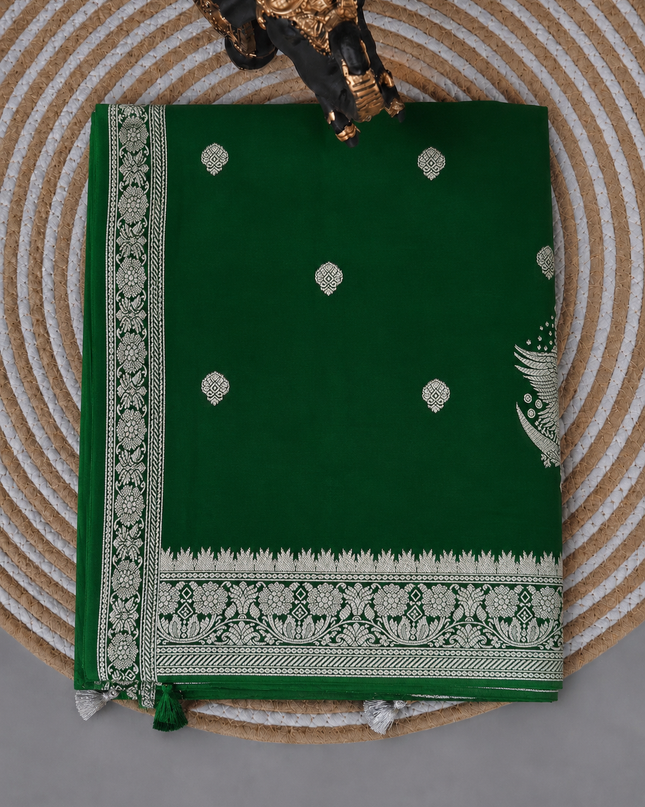 Mashru Banaras saree with Silver butties and Silver Kaddi border - Bottle Green