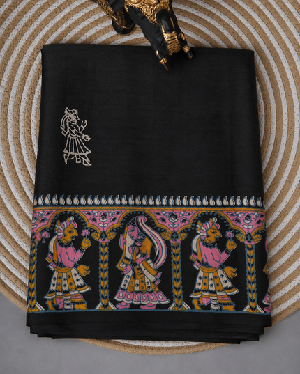 Pure Silk Saree With All Over Kalamkari Design With Borderless Saree  - Black