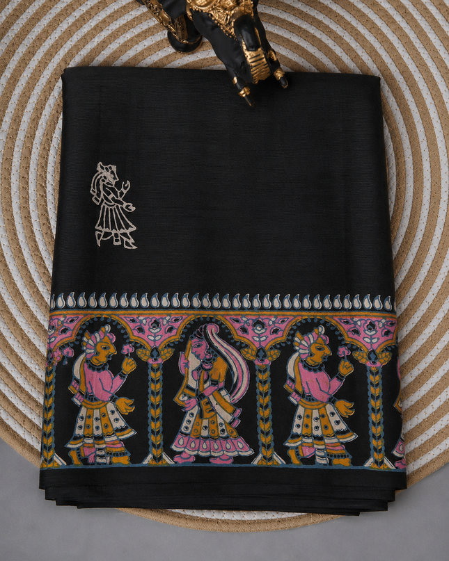 Pure Silk Saree With All Over Kalamkari Design With Borderless Saree  - Black