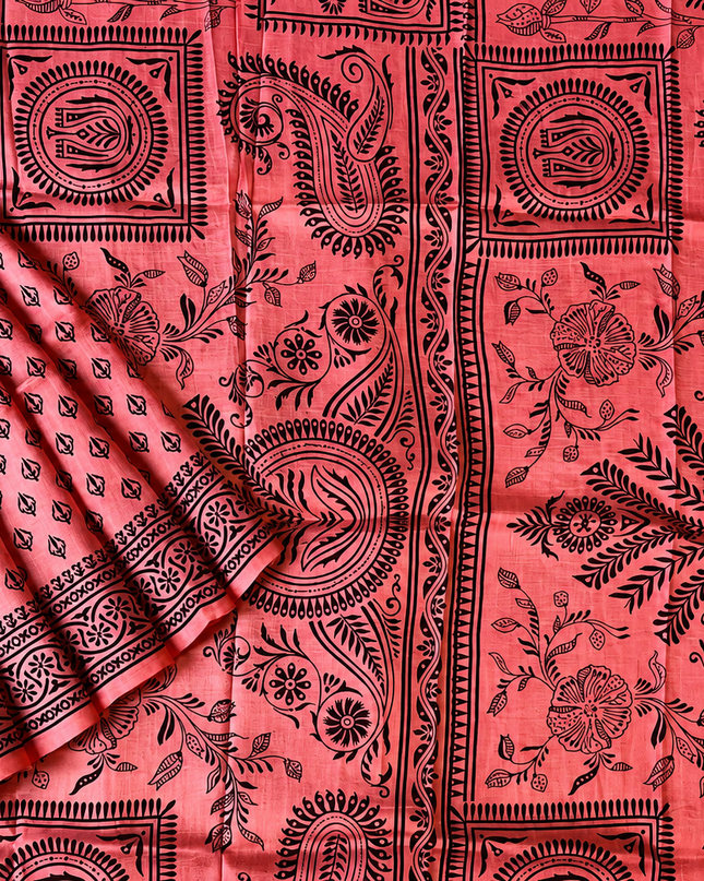 Pure Silk Saree With All Over Block Print - Light Pink