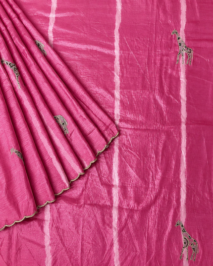 Soft  Orznga  Saree With Applique work and scallop Border-  Pink