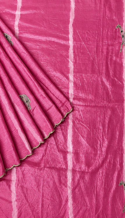 Soft  Orznga  Saree With Applique work and scallop Border-  Pink