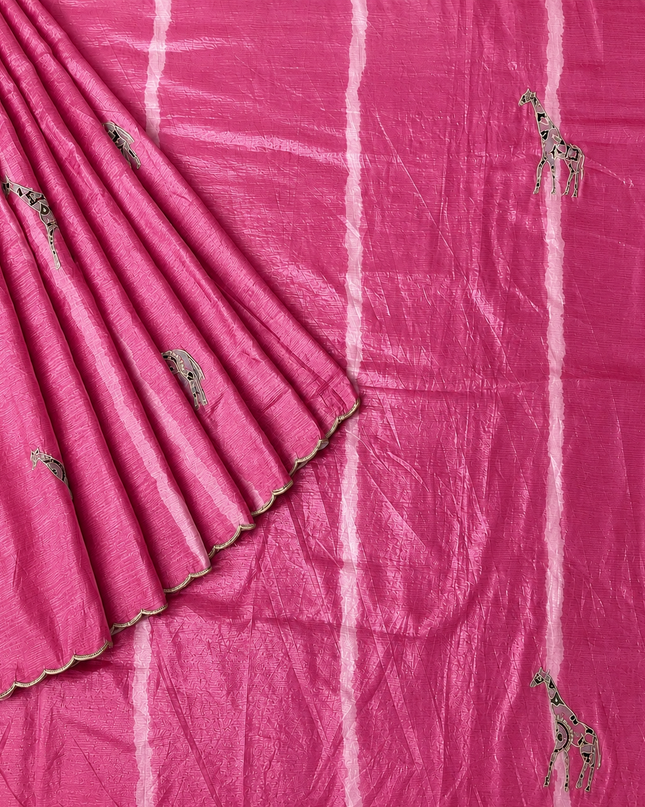 Soft  Orznga  Saree With Applique work and scallop Border-  Pink