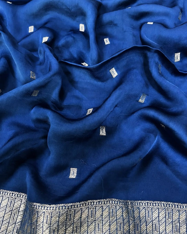 Mashru Banaras with Gold & Silver Buttes and Silver Zari Border  - Peacock Blue