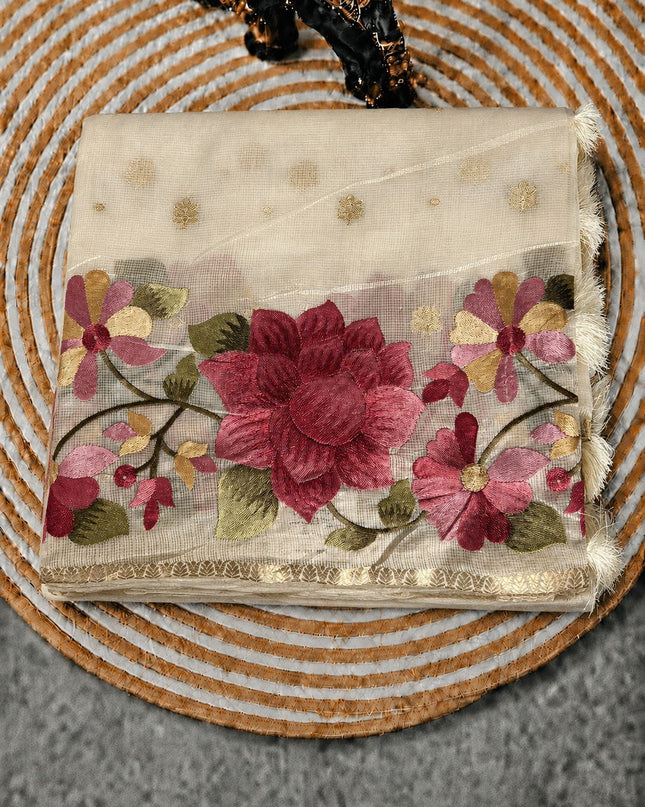 Kota Silk saree with Golden Buttes and Thread Embroidery Borer - Cream