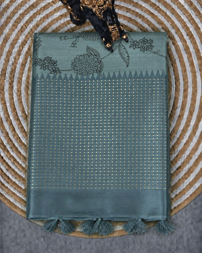 Tusser Silk saree with Floral Print -  Light Blue