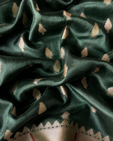 Chanderi  Silk Saree with All over Jamdani weaving style and Muniya border - Bottle Green