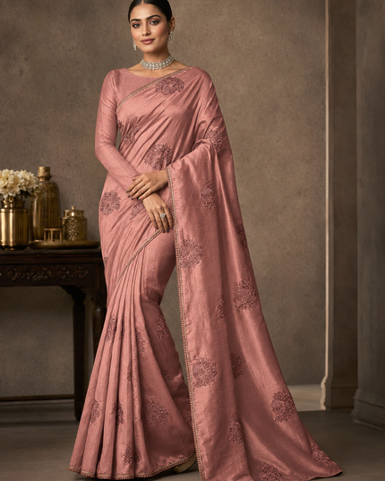 Dupion Saree with Thread Work Peacock Motifs With Kardhana work and Scallop Border -Peach