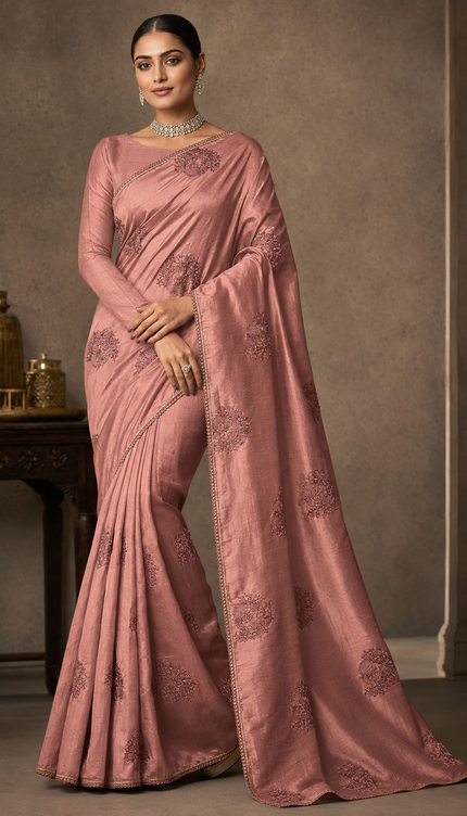 Dupion Saree with Thread Work Peacock Motifs With Kardhana work and Scallop Border -Peach