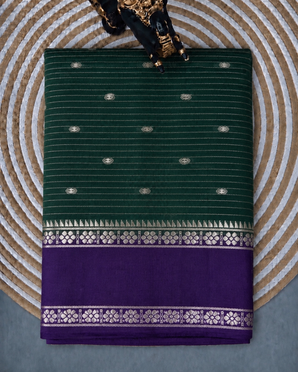 Munga Silk Saree With All over Oosi Design and Small Gold Butties  Contrast Border- Bottle Green