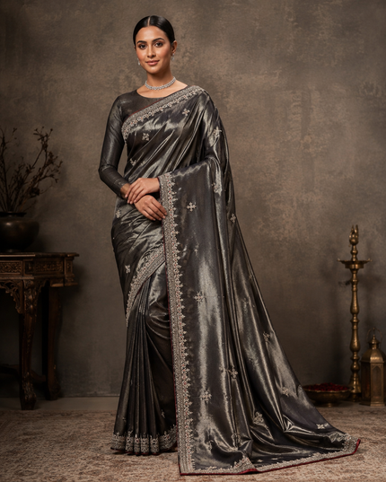Tissue  Georgette Saree With Zardozi Work and  Scallop Border - Coffee Brown