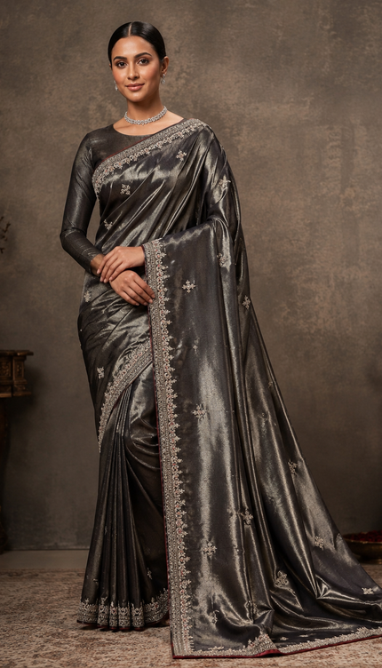 Tissue  Georgette Saree With Zardozi Work and  Scallop Border - Coffee Brown