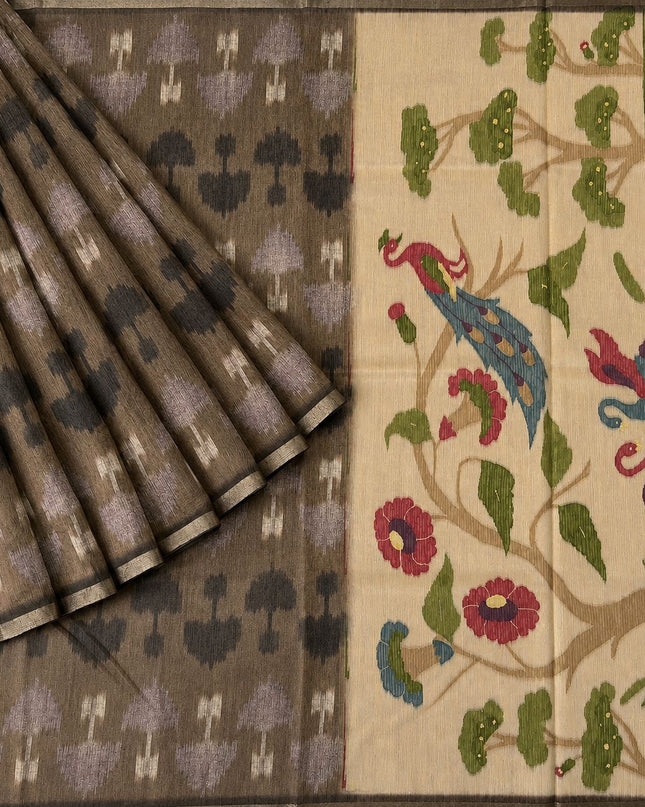 Tusser Saree With Ikkat Design and Small Golden Border- Olive Green