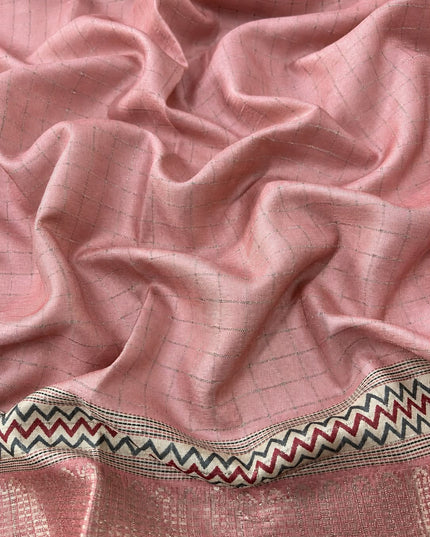 Tusser Saree with Floral and Golden Checks Design and Golden  Border - Peach