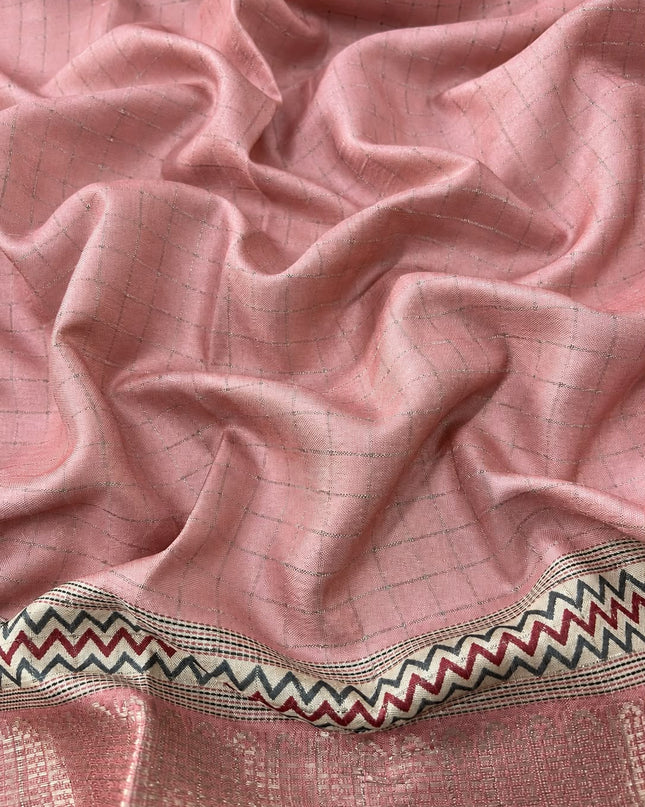 Tusser Saree with Floral and Golden Checks Design and Golden  Border - Peach