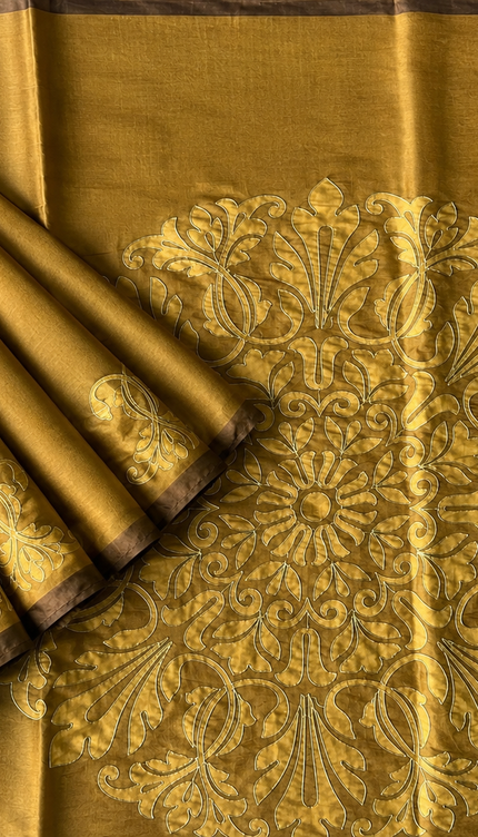 Tusser Silk Saree with Ari work and Contrast Border  -Mehandi Green