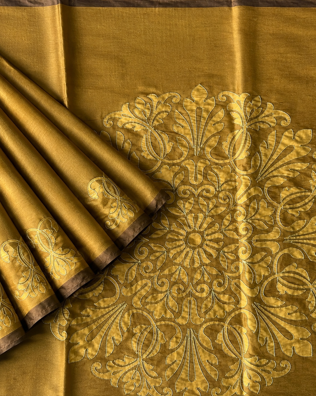 Tusser Silk Saree with Ari work and Contrast Border  -Mehandi Green