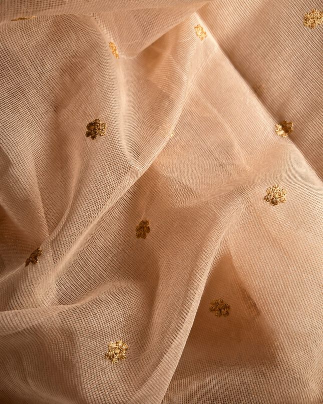 Silk Kota Saree with Floral Print and Thread Embroidery work Border with Lace - Tan