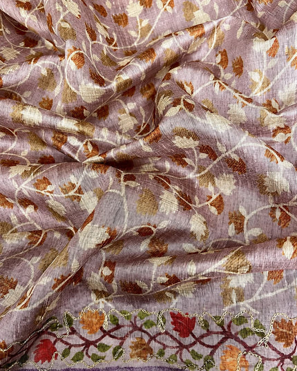Tusser Silk Saree With Ari work and Floral Print and Contrast  Border - Onion Pink