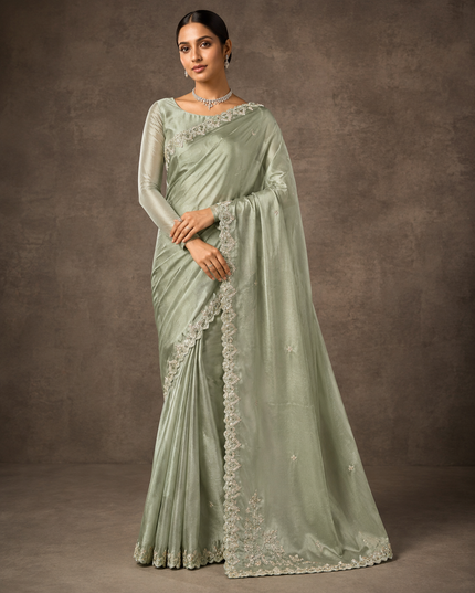 Soft Tissue Saree With  All over Golden Butties And Scallop Border with kardhana zardozi work - Sea Green