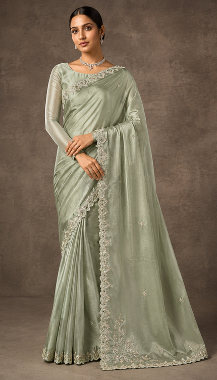 Soft Tissue Saree With  All over Golden Butties And Scallop Border with kardhana zardozi work - Sea Green