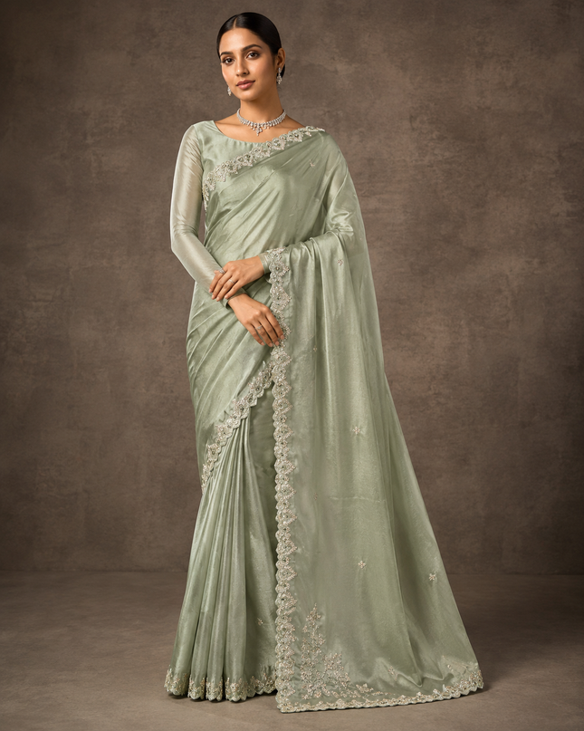 Soft Tissue Saree With  All over Golden Butties And Scallop Border with kardhana zardozi work - Sea Green
