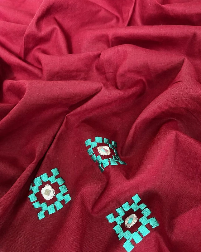 Kota Cotton Saree With Cross Stich Work With Mirror work and piping Border - Rama Green
