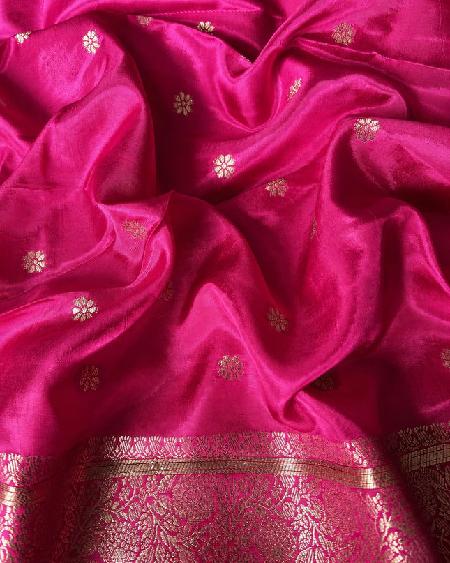 Banaras Saree With All Over Golden Zari Leaf Design and Zari Kaddi Border - Red