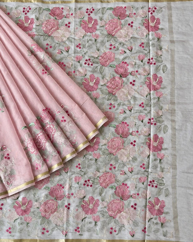 Mul  chanderi saree with thread embroidery Work and Small Border -  Baby Pink