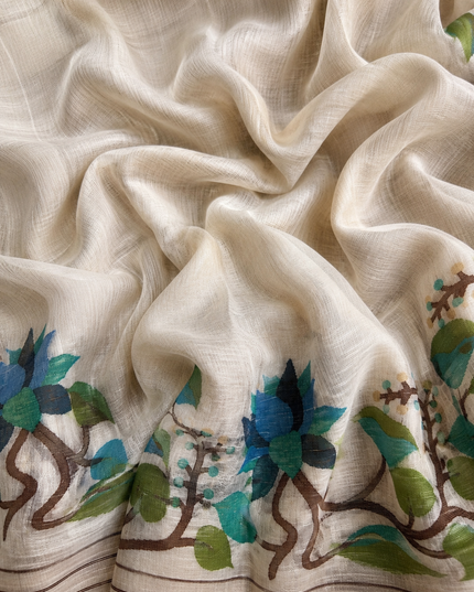 Cotton Chanderi Jamdani Saree with Self Weaving Floral Design - Off White