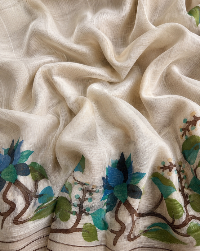 Cotton Chanderi Jamdani Saree with Self Weaving Floral Design - Off White