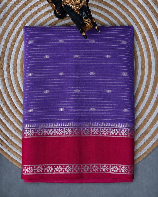 Munga Silk Saree With All over Oosi Design and Small Gold Butties  Contrast Border-  Lavender & Pink