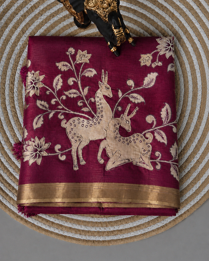 Kora Tusser kalmkari Sarree  With  Dori work and  Golden Border-  Wine