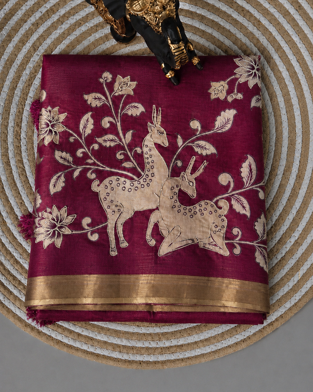 Kora Tusser kalmkari Sarree  With  Dori work and  Golden Border-  Wine
