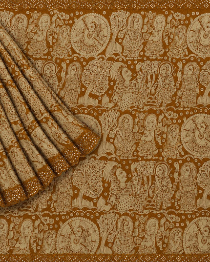 Georgette Saree With Kalmkari Print and Scallop Border and Mirror Work  - Mustard