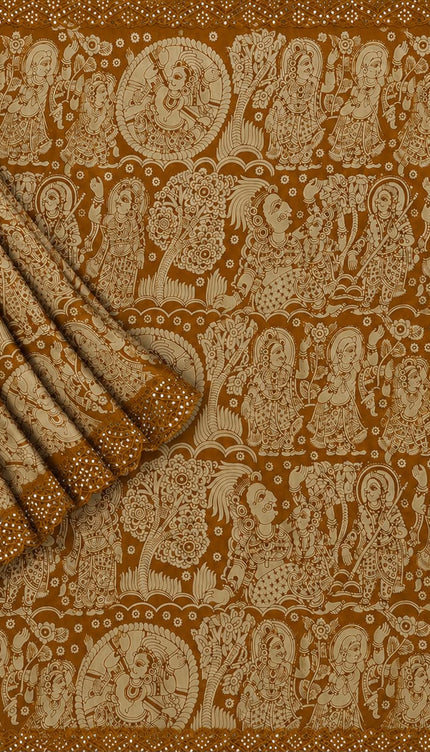 Georgette Saree With Kalmkari Print and Scallop Border and Mirror Work  - Mustard