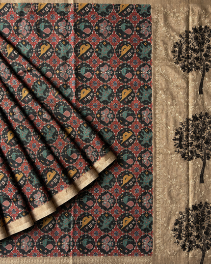 Tusser Silk Saree with Patola Print and Contrast Border - Black