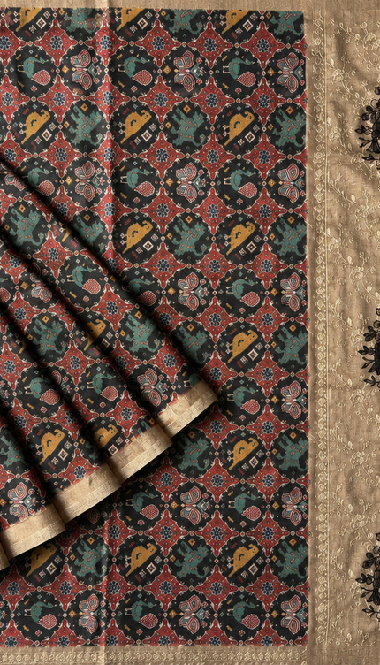 Tusser Silk Saree with Patola Print and Contrast Border - Black