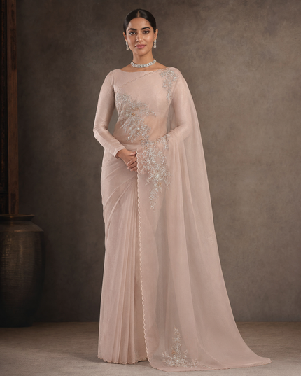 Soft Organza Saree With Kardhana Work and Scallop Border- Light Pink