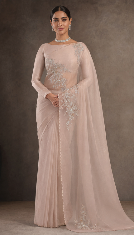 Soft Organza Saree With Kardhana Work and Scallop Border- Light Pink