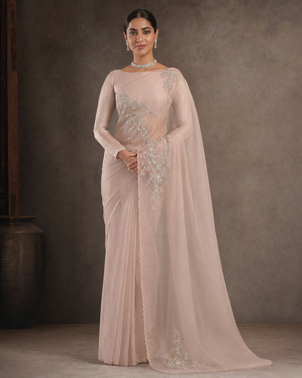 Soft Organza Saree With Kardhana Work and Scallop Border- Light Pink
