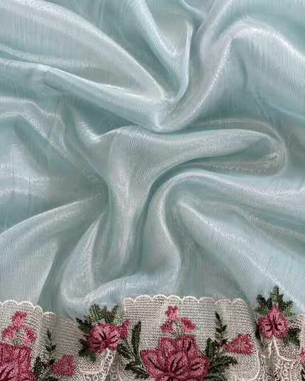 Linen Tissue Saree with square boxes Butties and Cross stich Scallop Border - Sky Blue