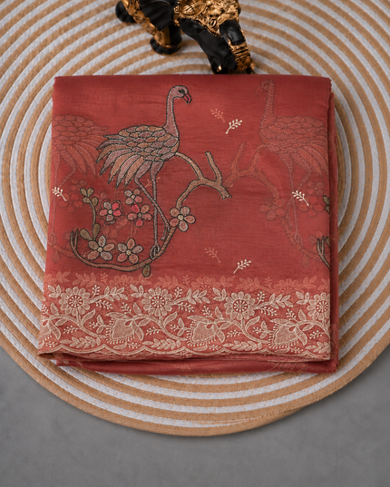 Soft Organza  Saree with Thread Work  and Scallop Border - Coral
