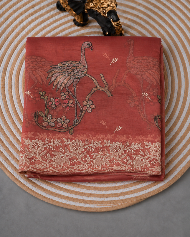 Soft Organza  Saree with Thread Work  and Scallop Border - Coral