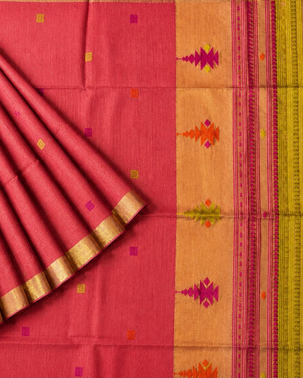 Tusser Silk Saree  With Thread Weaving Butties  With Golden Border-  Rust
