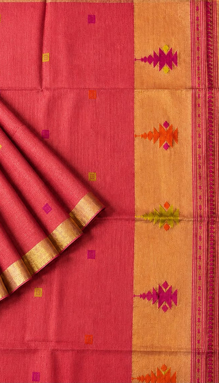 Tusser Silk Saree  With Thread Weaving Butties  With Golden Border-  Rust