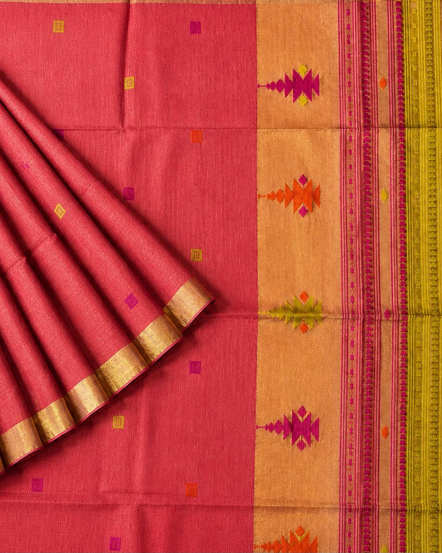 Tusser Silk Saree  With Thread Weaving Butties  With Golden Border-  Rust